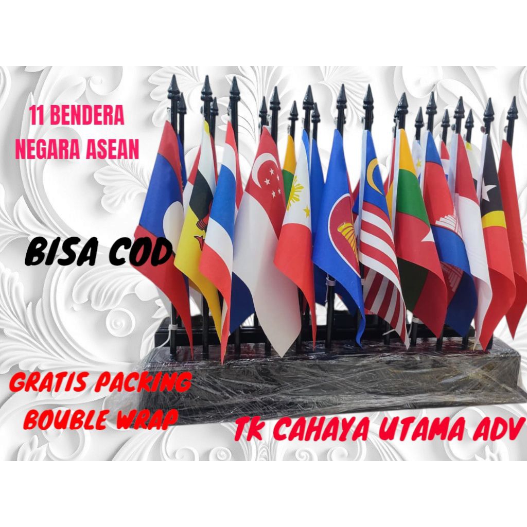 BENDERA NEGARA ANGGOTA ASEAN / BENDERA ASEAN + TIANG KAYU MEJA
