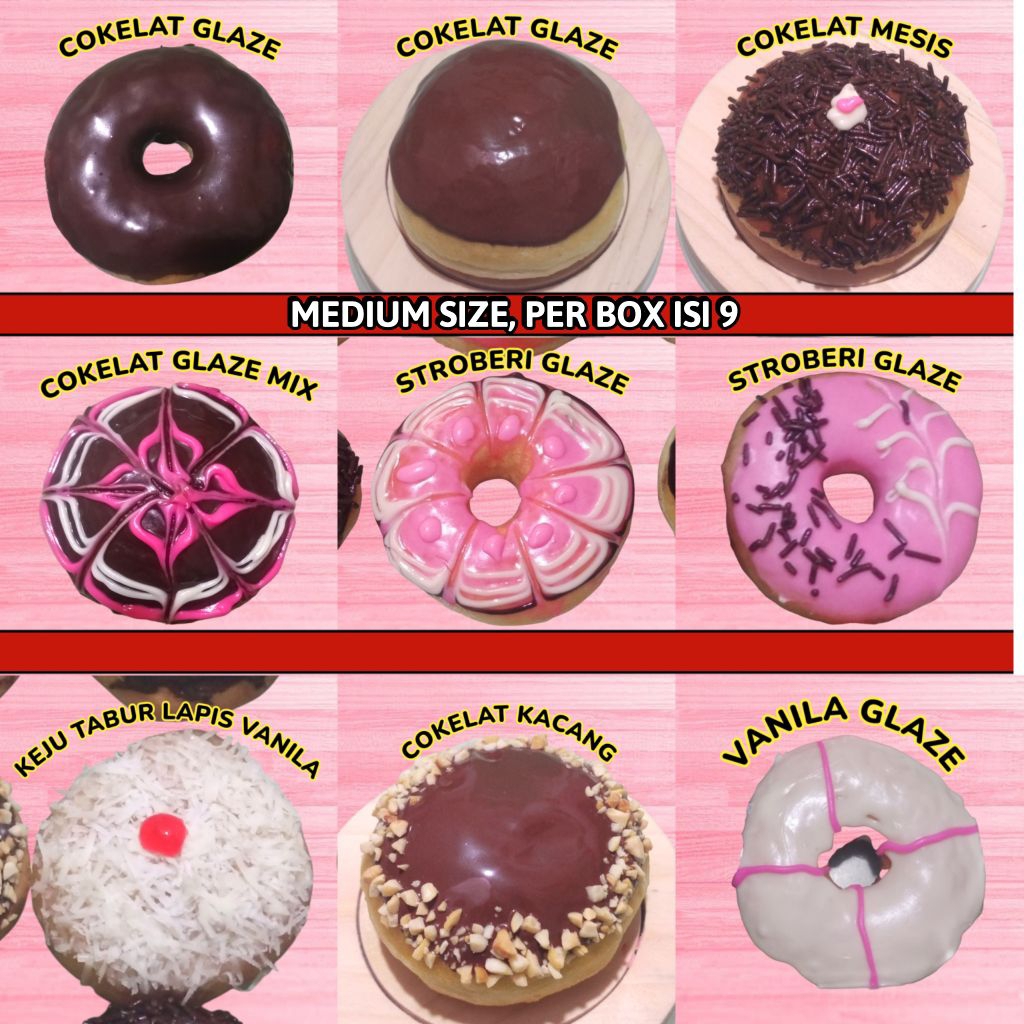 

Ready to eat! Donat medium size per box isi 9pcs varian sesuai foto