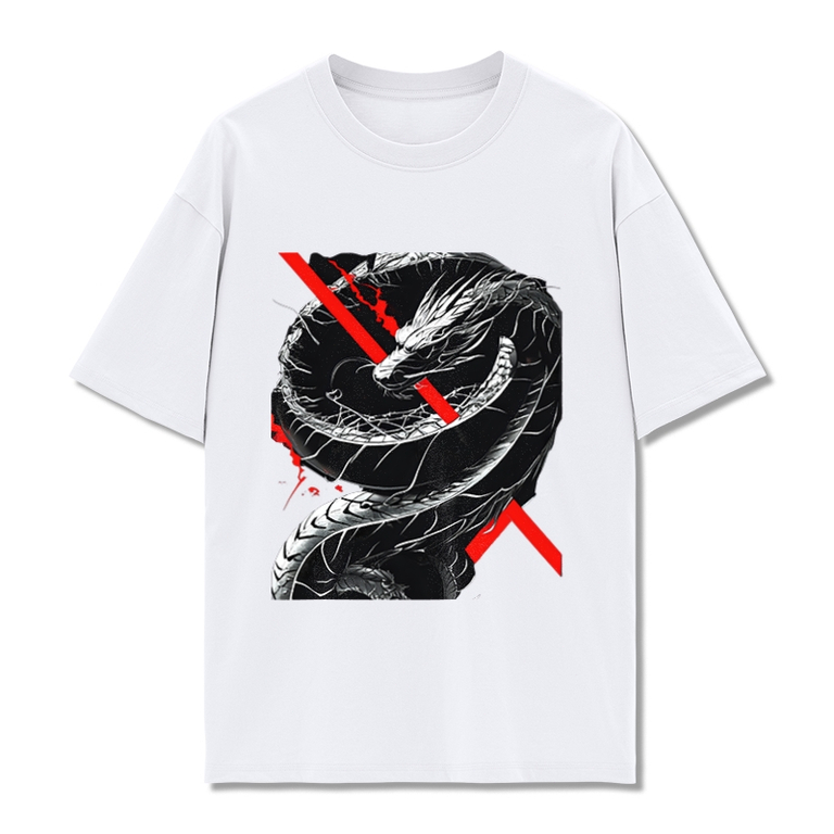 Kaos Pria dengan Desain Khas, Motif Ular Hitam Putih dengan Garis Merah, Bahan 100% Cotton