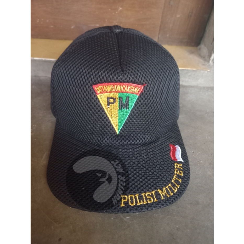 TOPI PRIA LOGO POLISI MILITER PM / TOPI JARING HITAM / TOPI JALA LOGO BORDIR TNI