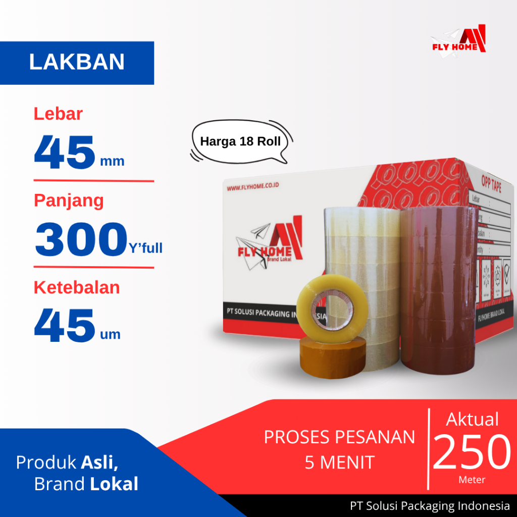 

FLYHOME Lakban bening coklat 45x300yard 18roll 2inchi ukuran FULL 1/2dus