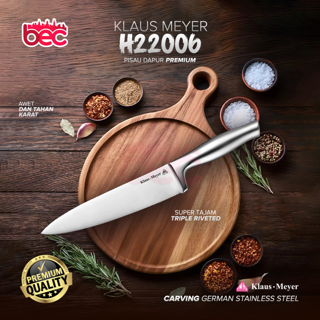 Klaus-MeyerChef Knife Dapur Profesional Stainless Steel Super Tajam Triple Riveted