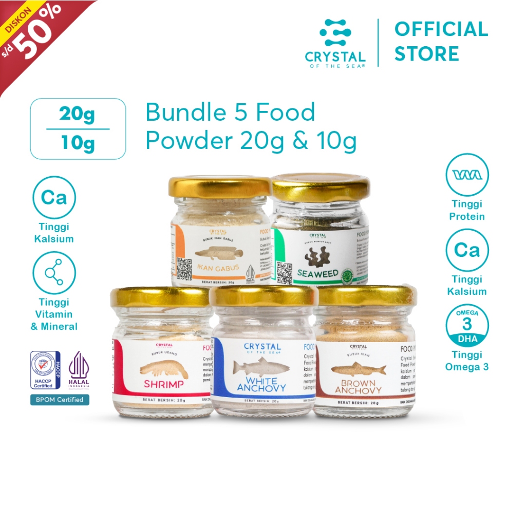 

Cystal of the Sea - Bundle 5 Food Powder (20GR & 10GR) | Bubuk Ikan Teri Nasi | Bubuk Udang Rebon | Bubuk Teri Jengki | Bubuk Rumput Laut/Umami | Bubuk Ikan Gabus / Penyedap Kaldu MPASI NON MSG PAKET HEMAT
