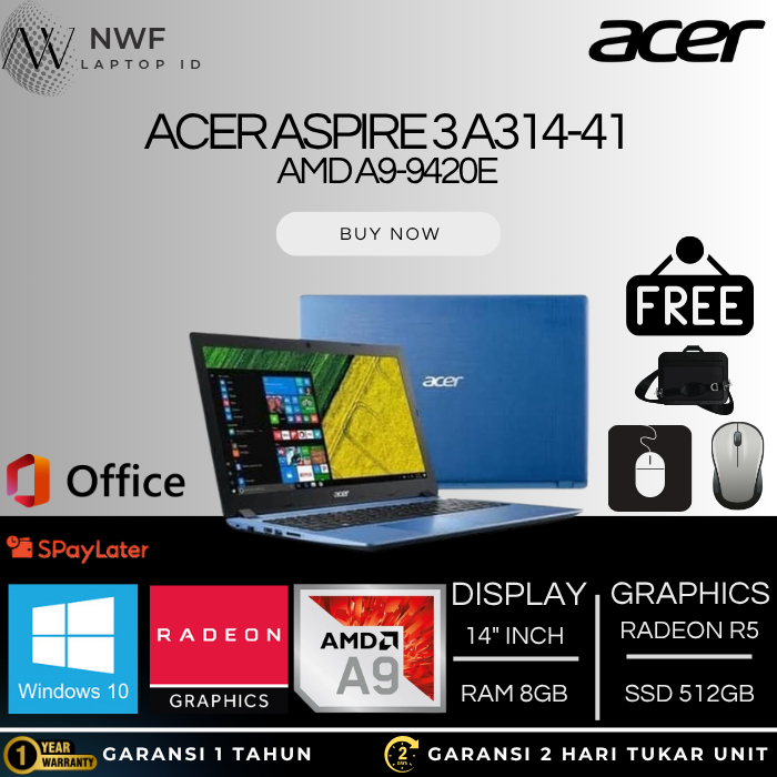 ACER ASPIRE 3 A314-41 AMD A9-9420E - RAM 8GB SSD 512GB - 14"INCH WIN 10+OFFICE