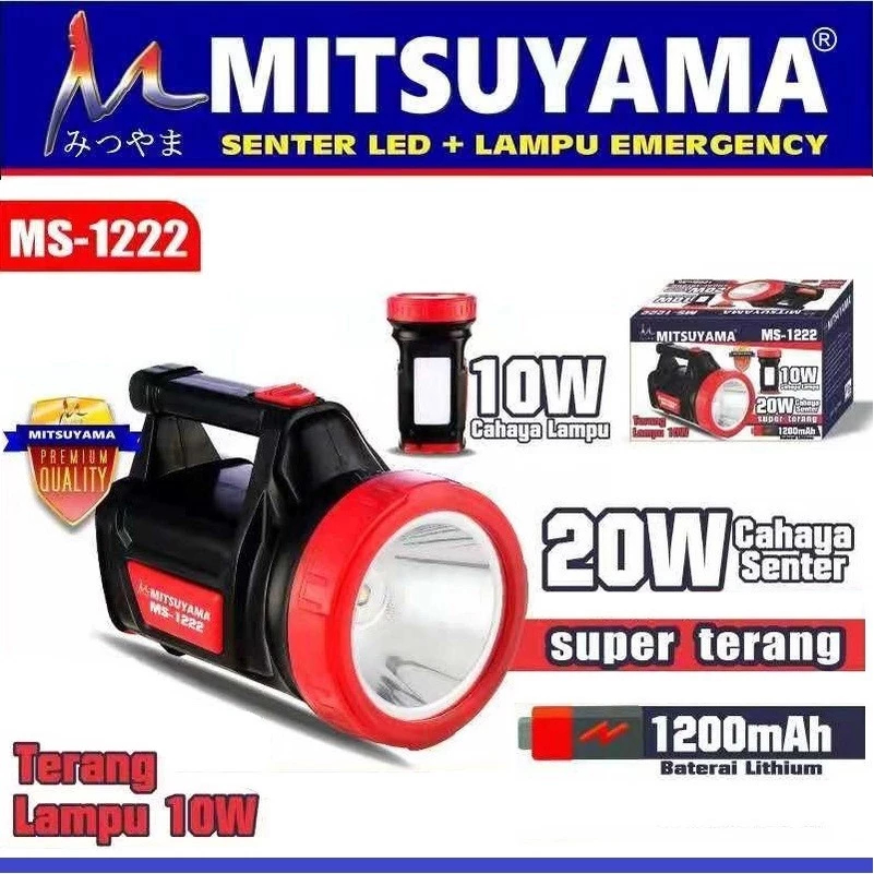 Senter LED Super Terang Mitsuyama 20W + Lampu 10W MS-1222 / Senter LED Super Terang