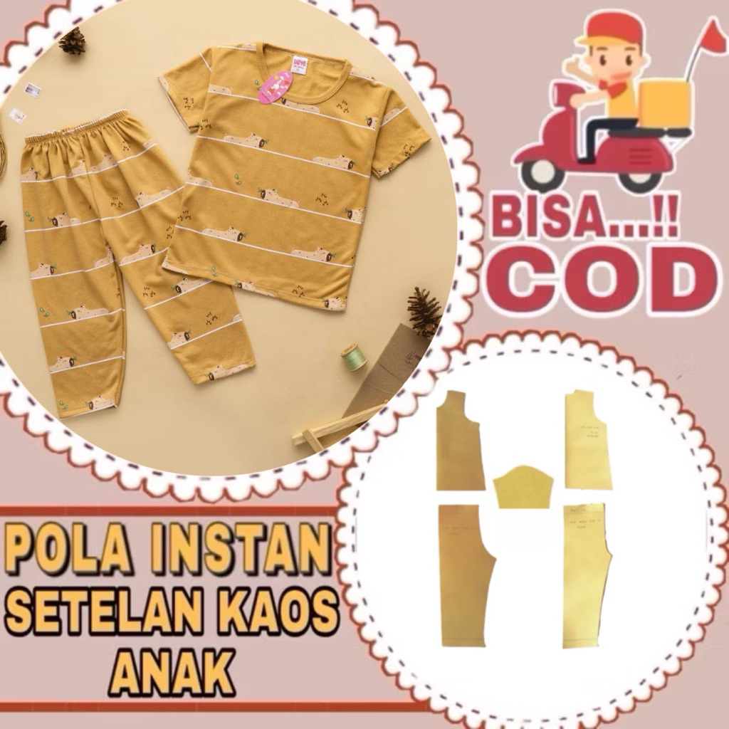 BISA COD✔️ Pola instan setelan kaos anak lengan pendek celana panjang - pola jiplak kaos - pola jahi