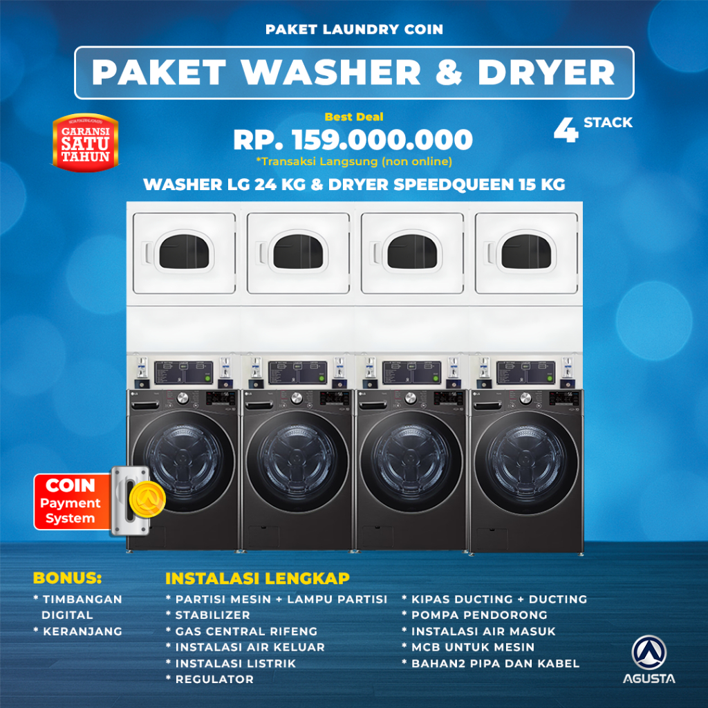 Mesin Laundry Koin Paket 4 lg washer & dryer Stack LG 24kg & Speed Queen 15kg