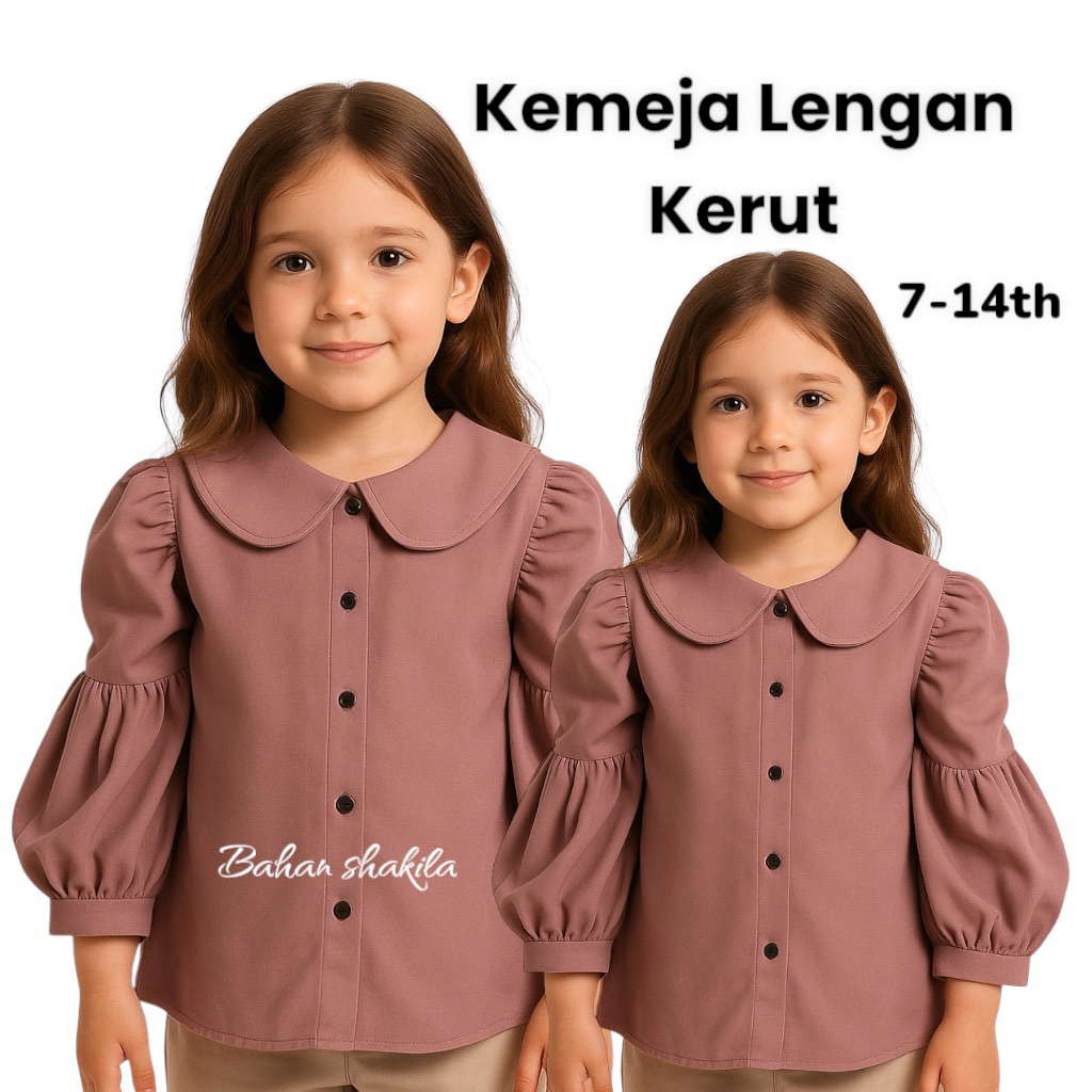 Kemeja anak perempuan lengan kerut 7-14tahun | blouse kemeja anak perempuan