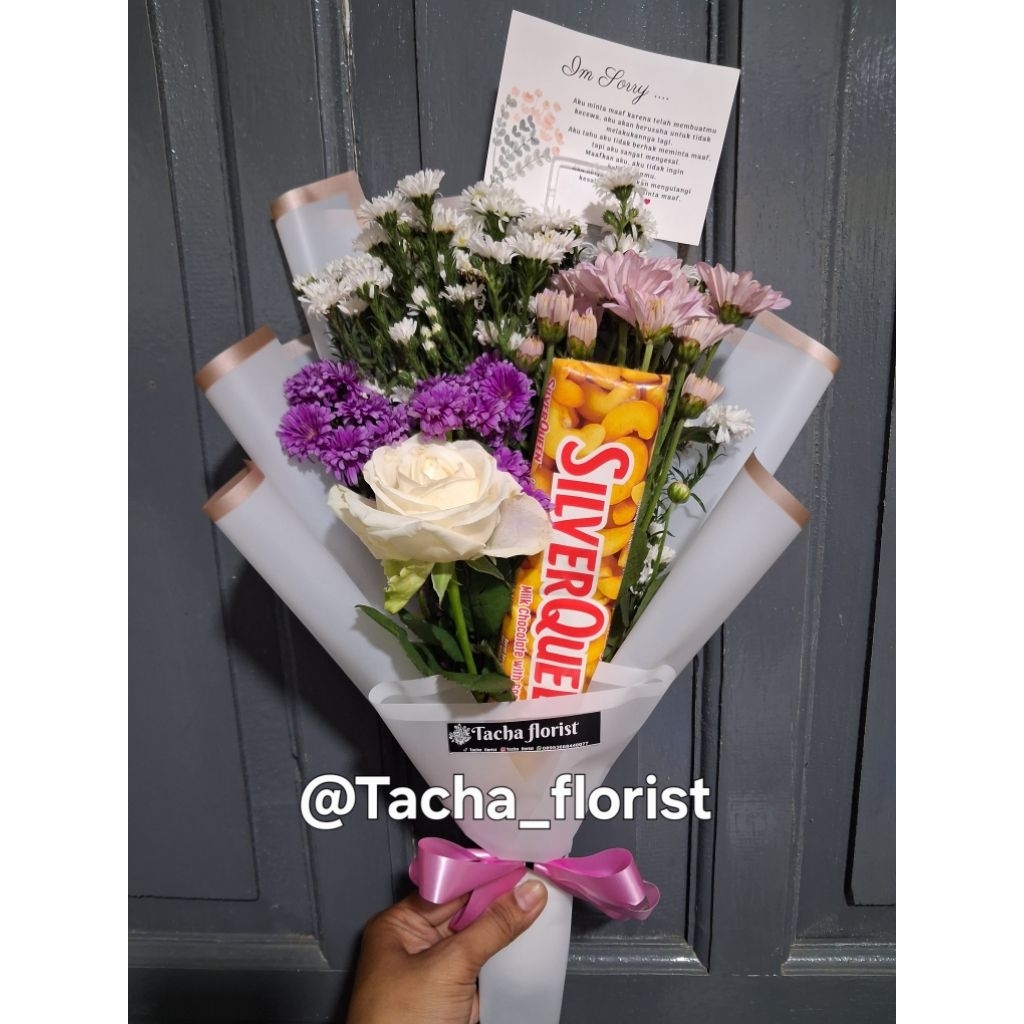 Buket bunga mawar putih asli segar mix coklat CIMAHI BDG PADALARANG