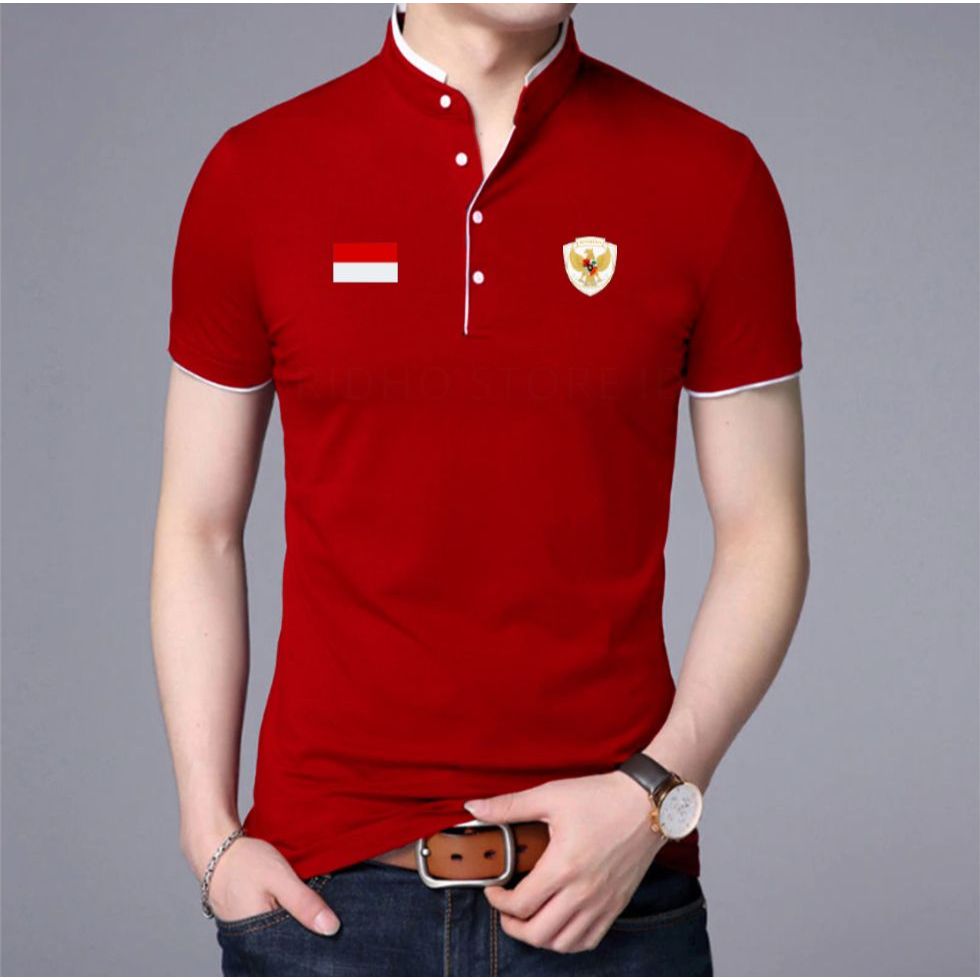 Kaos Polo Merah Timnas Indonesia Pria Lengan Pendek DYRGO Polos Logo Garuda ERSPO & Bendera Merah Pu