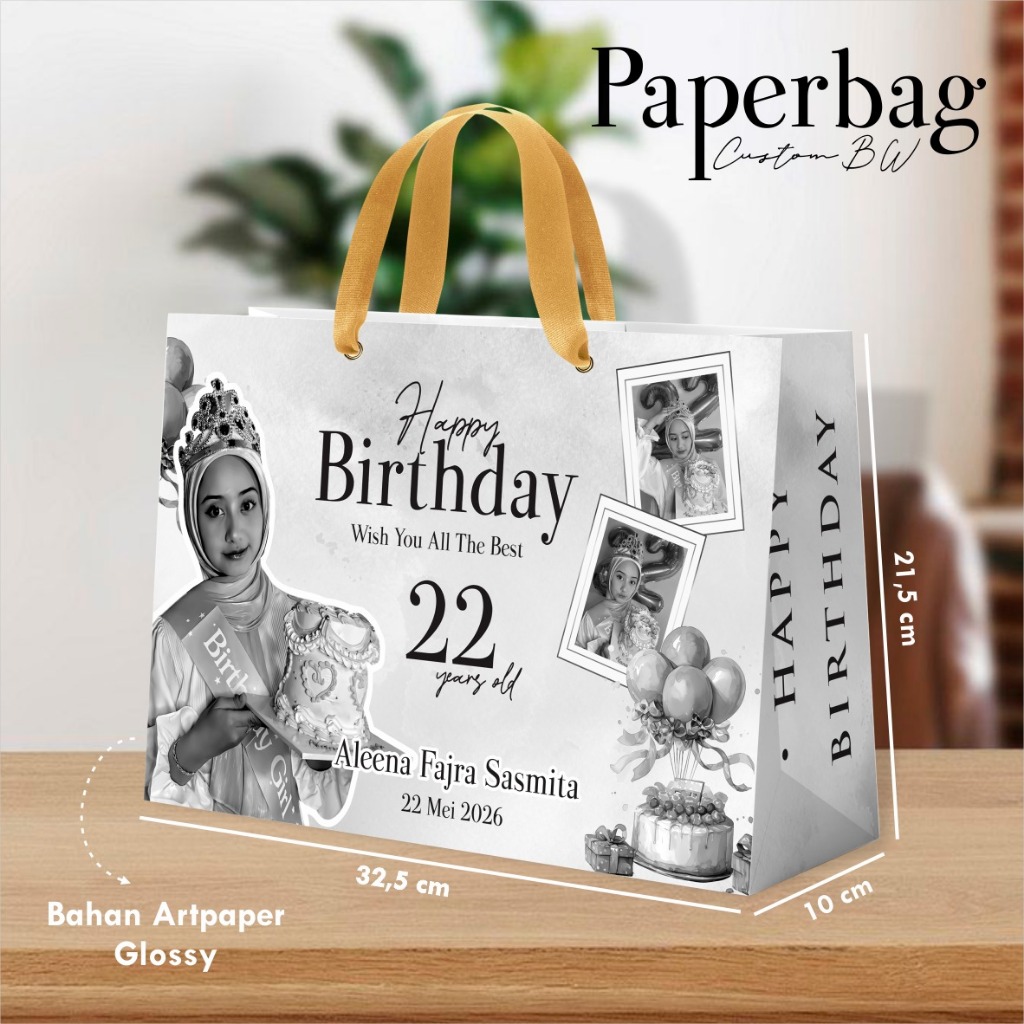 

PAPER BAG BIRTHDAY CUSTOM - PAPER BAG ULANG TAHUN SIMPLE ELEGANT FREE FOTO- PAPERBAG UAP BW