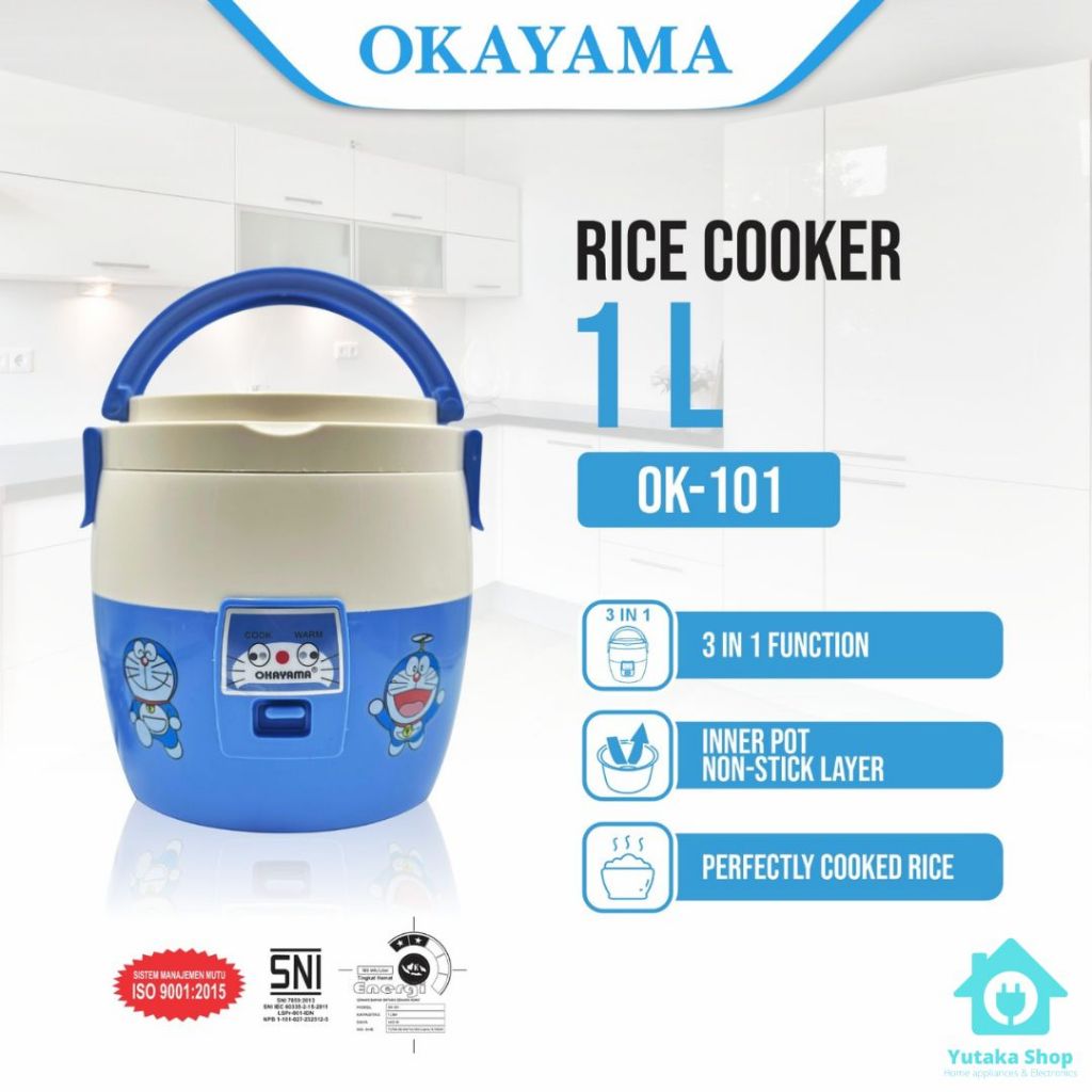 OKAYAMA Rice Cooker 1 Liter/ 1.8 Liter magic com mini / portable / Anti Lengket / 1L/1.8L putih biru
