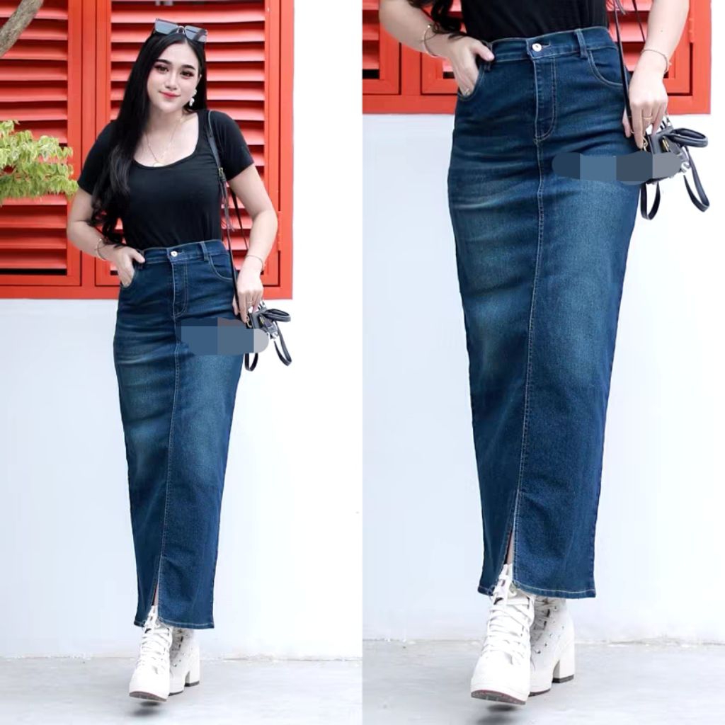 Rok Jeans  Stretch Panjang Belah Depan Pinggang Karet | Lexy Jeans Skirt | Bawahan Wanita Jeans