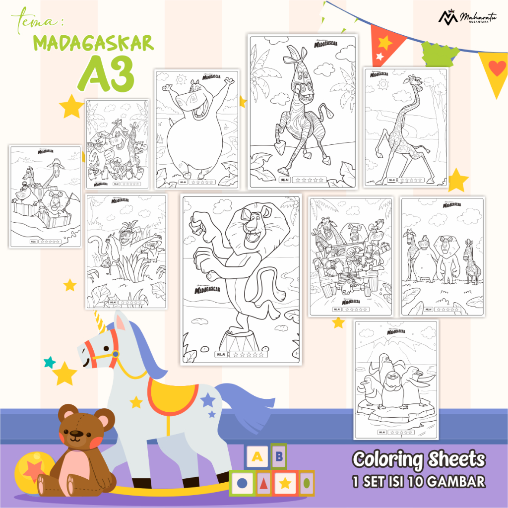 

[MADAGASKAR] LEMBAR MEWARNAI UNTUK ANAK - KERTAS GAMBAR ANAK UKURAN A3 - COLORING SHEETS