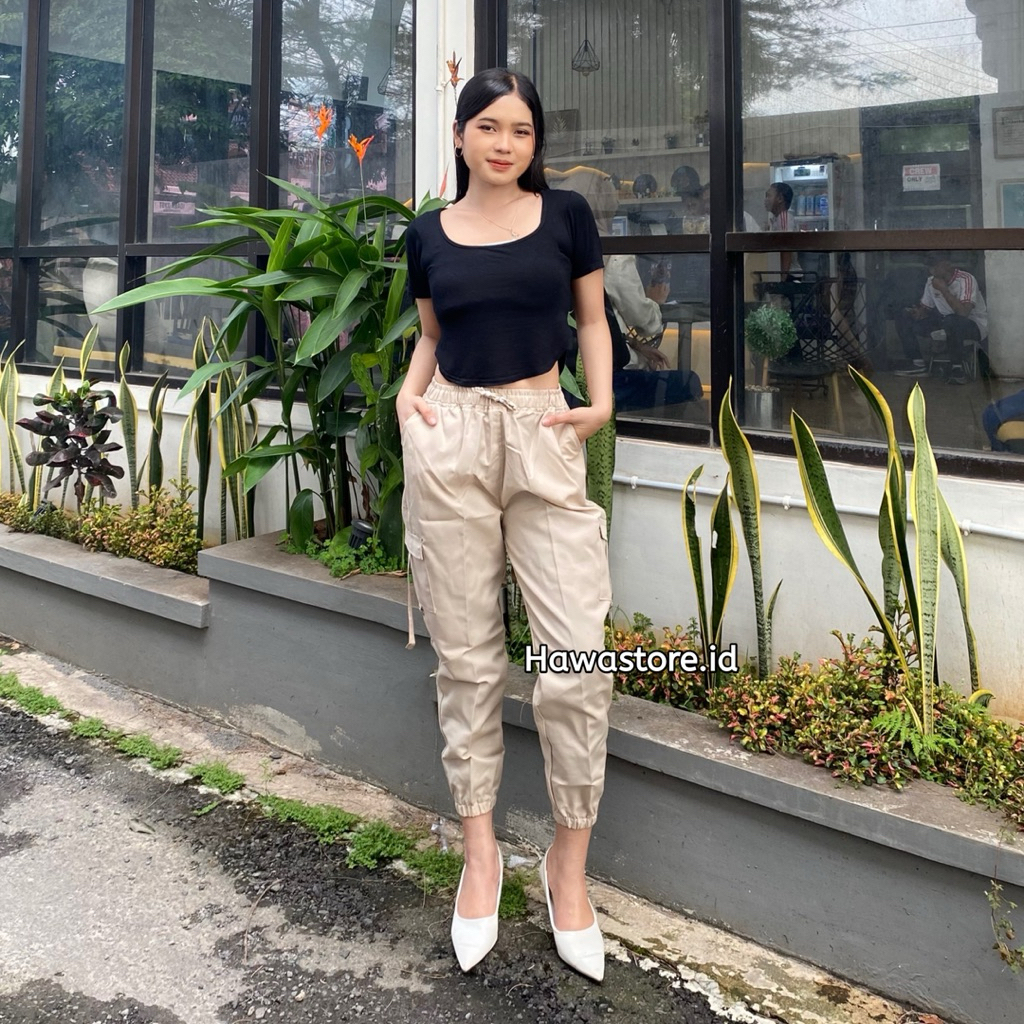 Celana Joger Cargo - Celana Cargo Joger Tactical Wanita Saku Samping Pinggang Karet Tali Serut Baggy