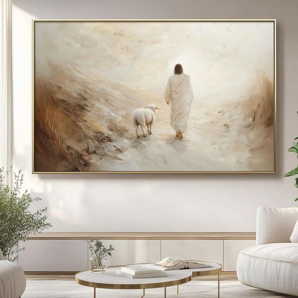 lukisan tuhan Yesus dan domba siap pajang sudah di bingkai ukuran 140cm x 85cm