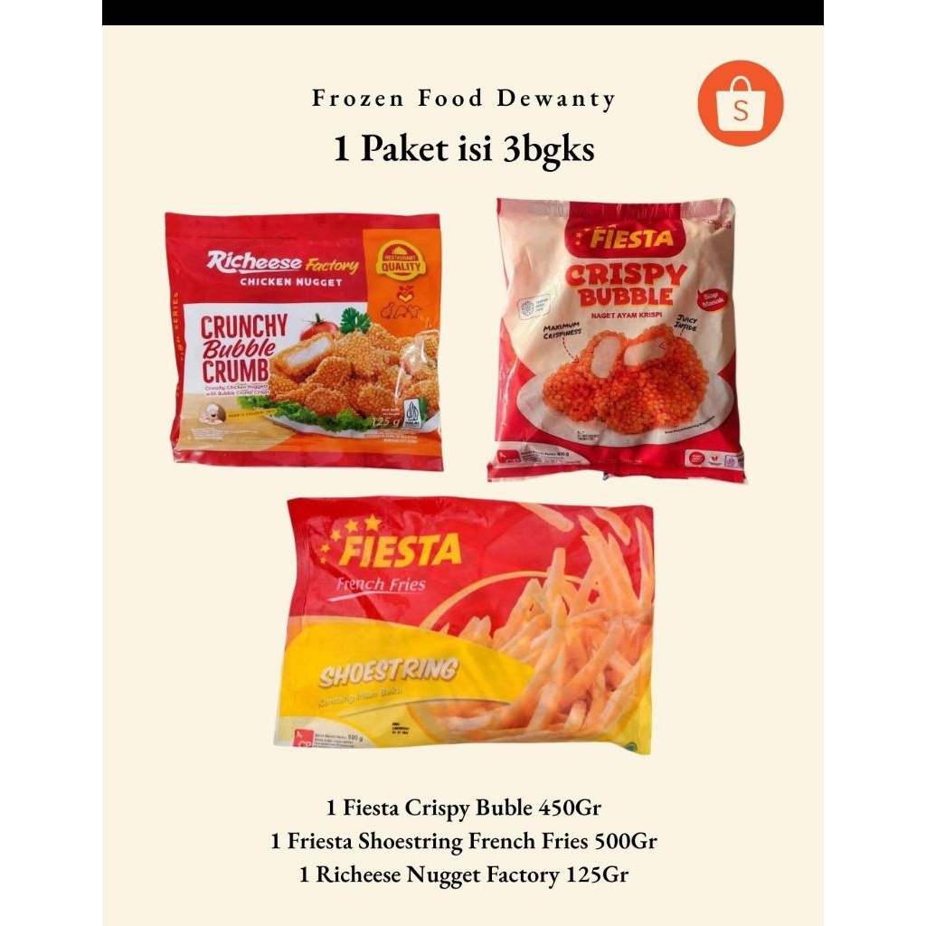 

Paket Hemat Frozen Food 3 in 1 / Fiesta French Fries / Nugget Fiesta Buble / Nugget Richeecee