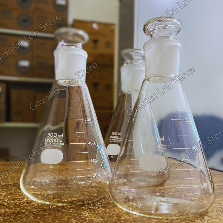 IWAKI Erlenmeyer Flask With Glass Stopper Labu Erlenmeyer Asah Dengan Tutup Kaca - 250ML