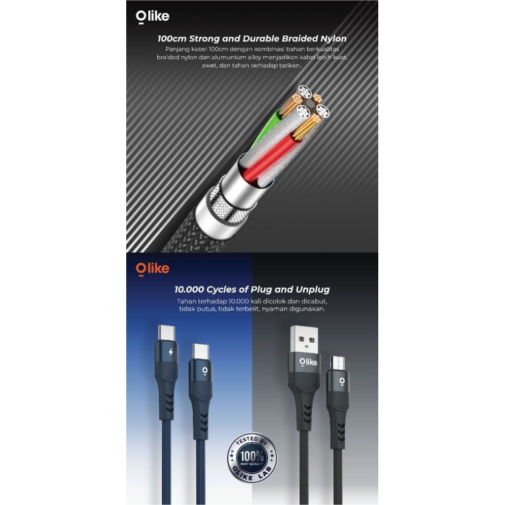 Olike D102 Kabel Data Micro USB D102M Type C D102C Lightning D102L Type C to Type C D102CC Type C To
