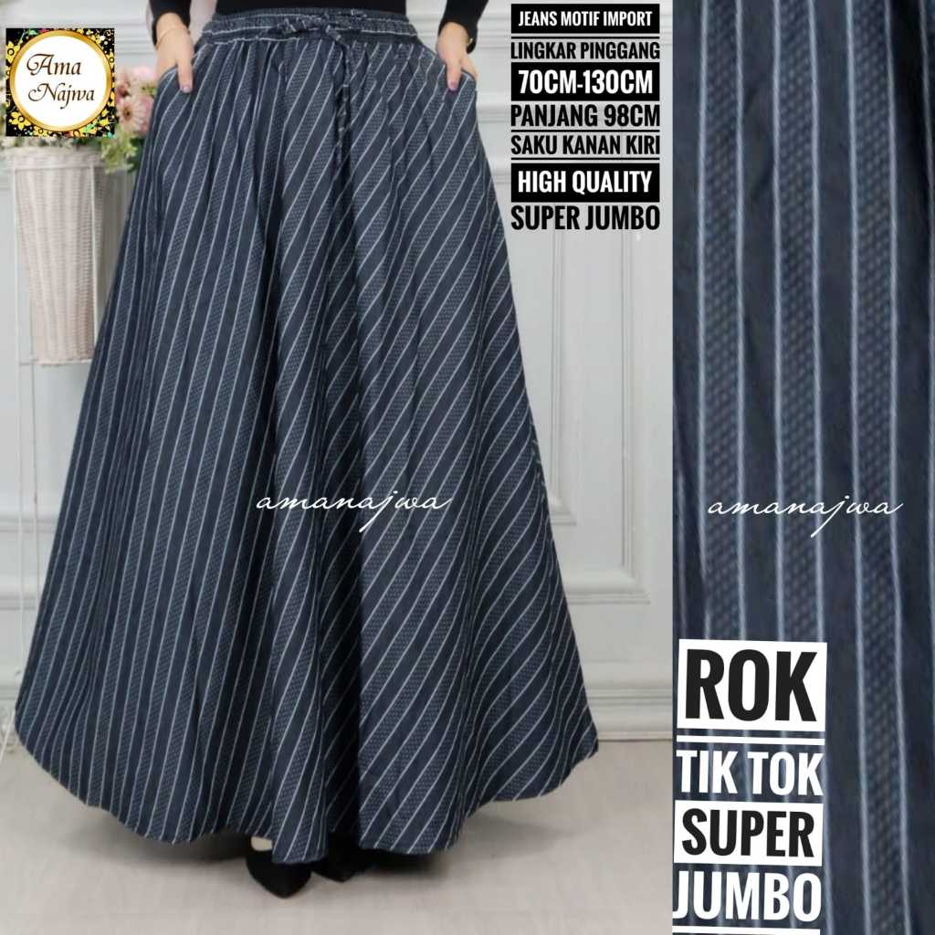 Tiktok rok bawahan jeans wanita muslim super jumbo motif salur garis import premium terbaru kekinian