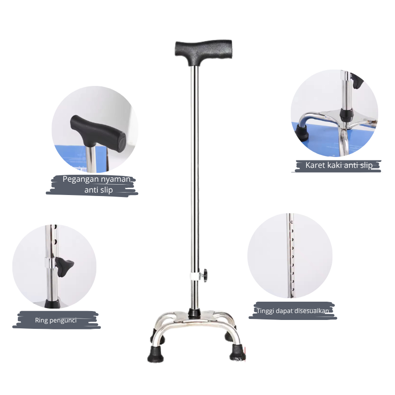 Tongkat Jalan Stainless/Tongkat Jalan Lansia/Tongkat 4 Kaki/Tongkat 3 Kaki dengan ring