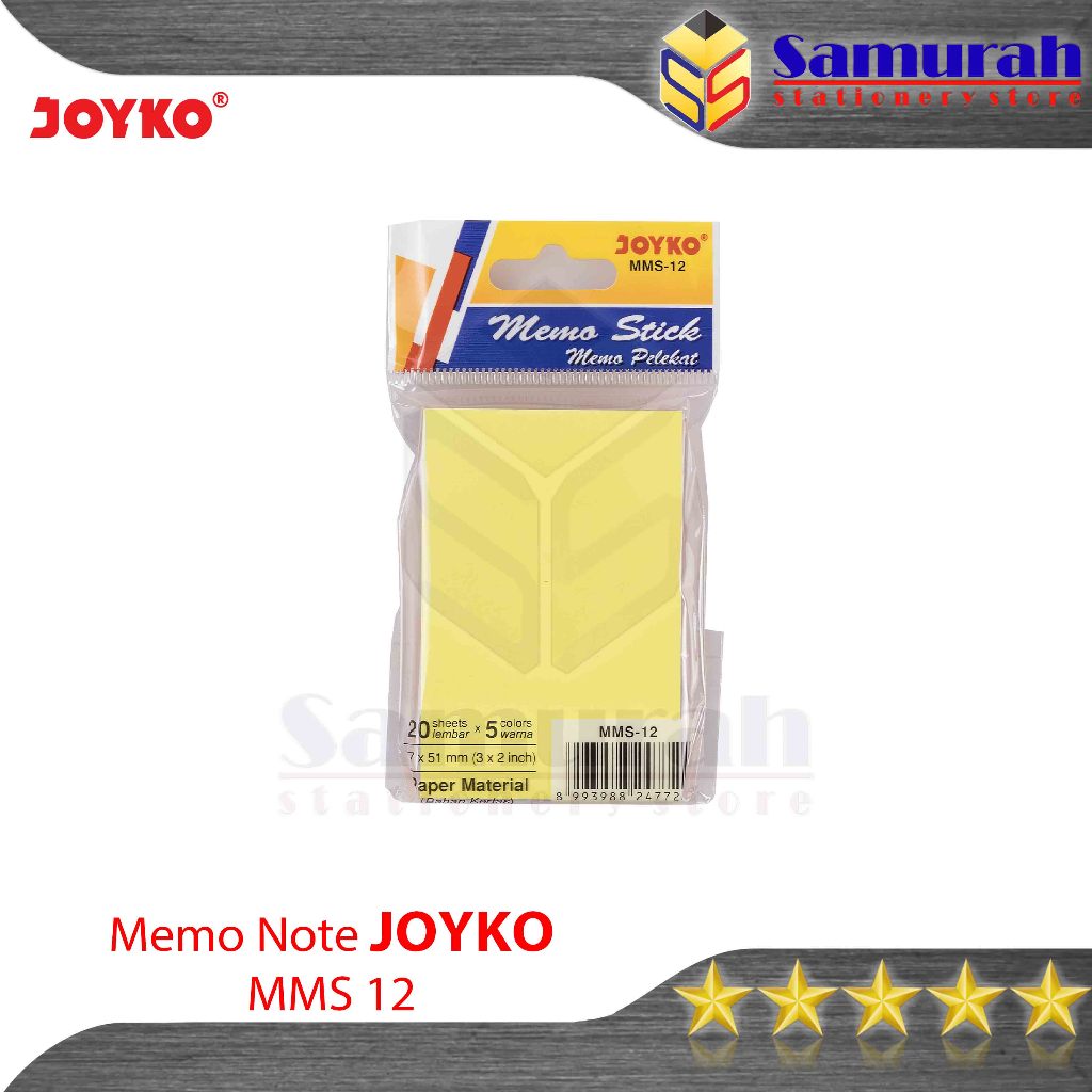 

Memo Stick MMS 12 Joyko / Sticky Note MMS-12 / Kertas Memo 2 x 3 inch / Memo Tempel 5 Warna panjang 51 x 77 mm