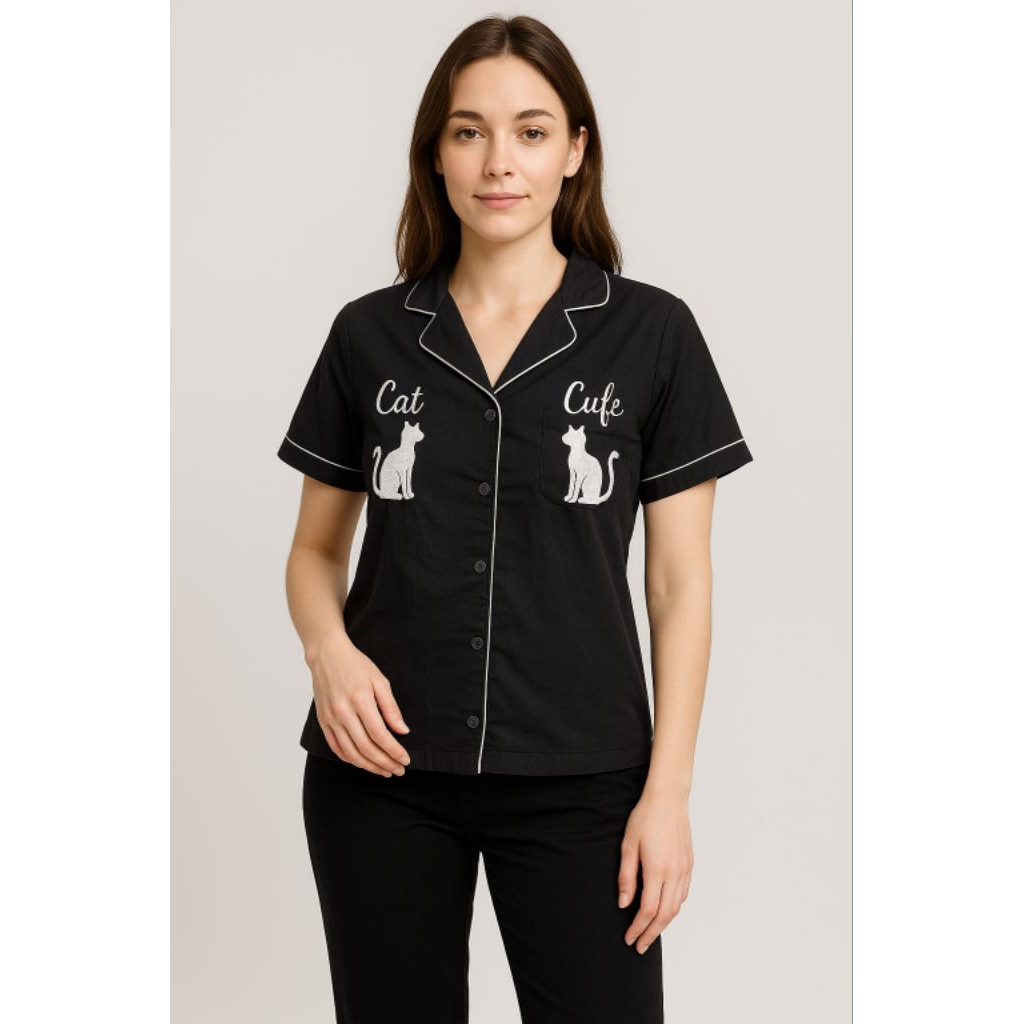 Kemeja / Blus Katun Import Bordir "CAT CUTE"