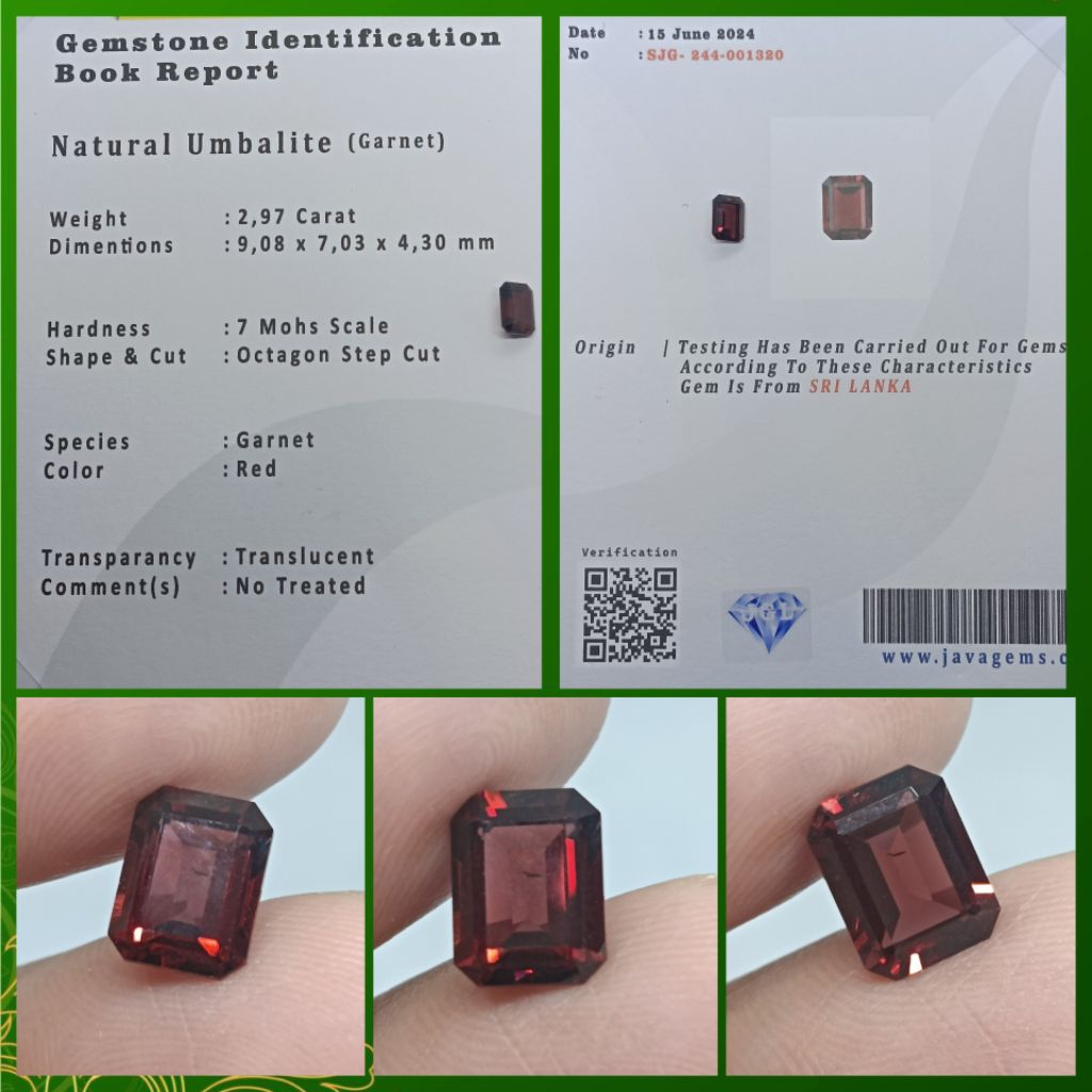 Natural Red Umbalite Garnet 2,9ct cutting kotak HQ memo JGL
