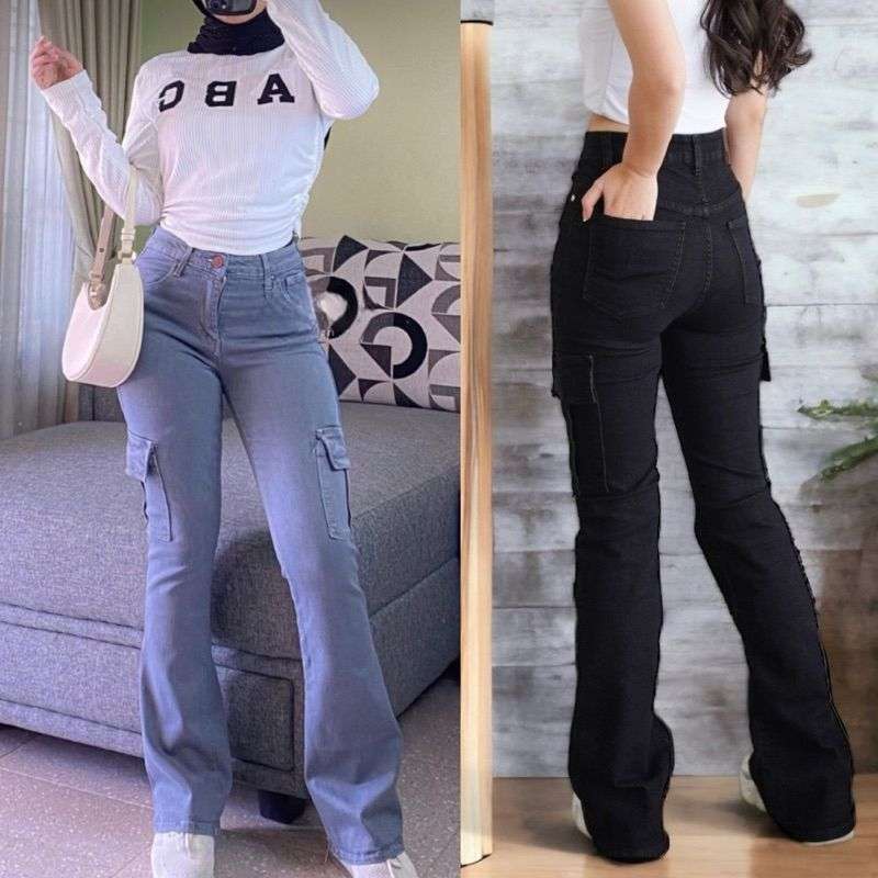 Celana Jeans Wanita - Highwaist Cutbray Cargo Terbaru - Celana Wanita Kekinian ootd