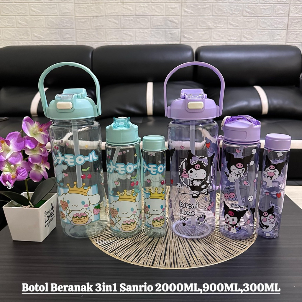 Botol Minum SANRIO  TRANSPARAN 3in1 - Botol minum Anak Sekolah - Botol Kuromi Melody Cinamorol - Bot