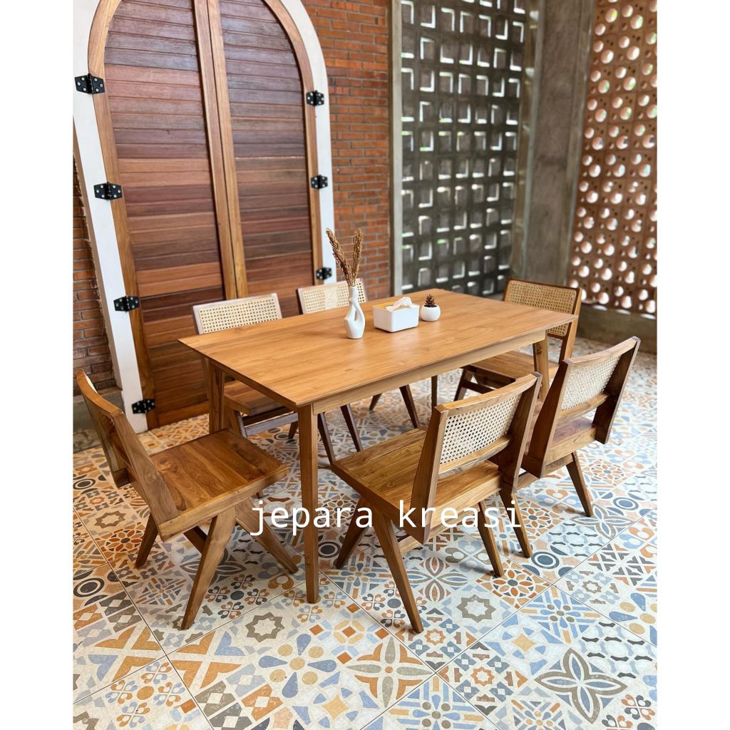 set meja makan 6 kursi kayu jati minimalis, meja makan kayu jati 6 kursi minimalis rotan