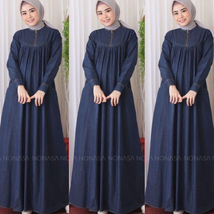 KODE W46D Gamis Jeans Jumbo  Dress Menyusui Wanita Muslim  Ambi Dress Denim Maxi  Gamis Jumbo