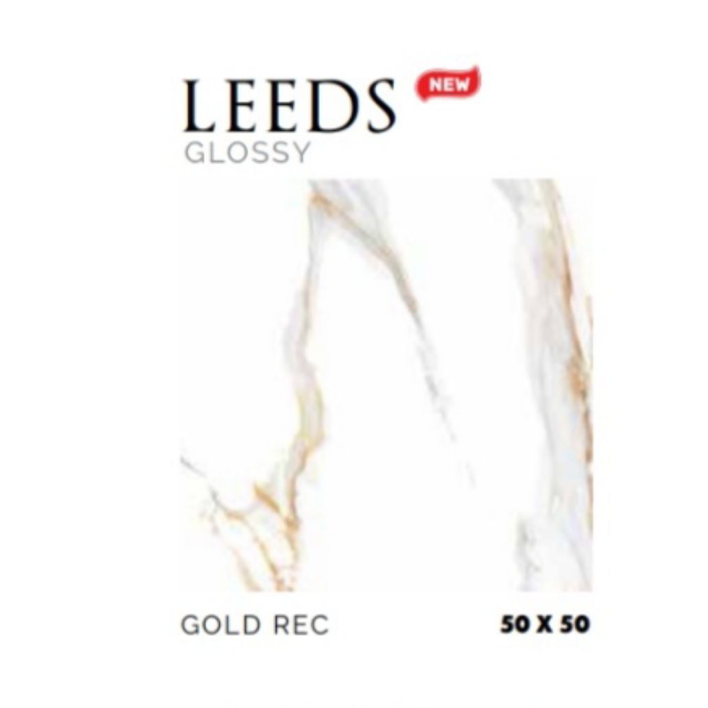 KERAMIK MERK PLATINUM TIPE LEEDS GOLD UKURAN 50X50 RECTIFIED CUTTING WARNA DASAR PUTIH CORAK MOTIF M