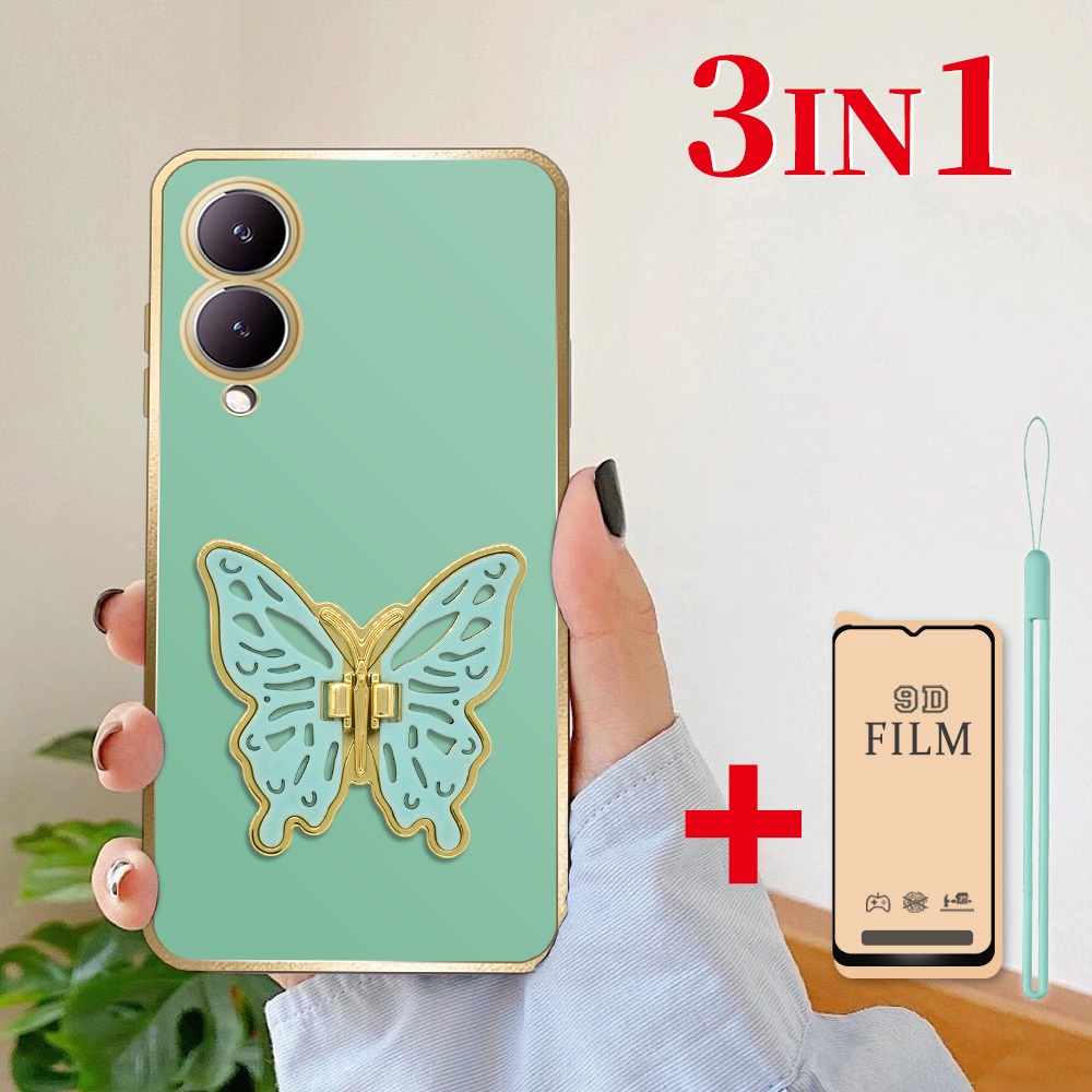 3 dalam 1 Stand Kupu Lipat Casing untuk VIVO Y17s Case softcase dengan Pelindung Layar Keramik Anti 