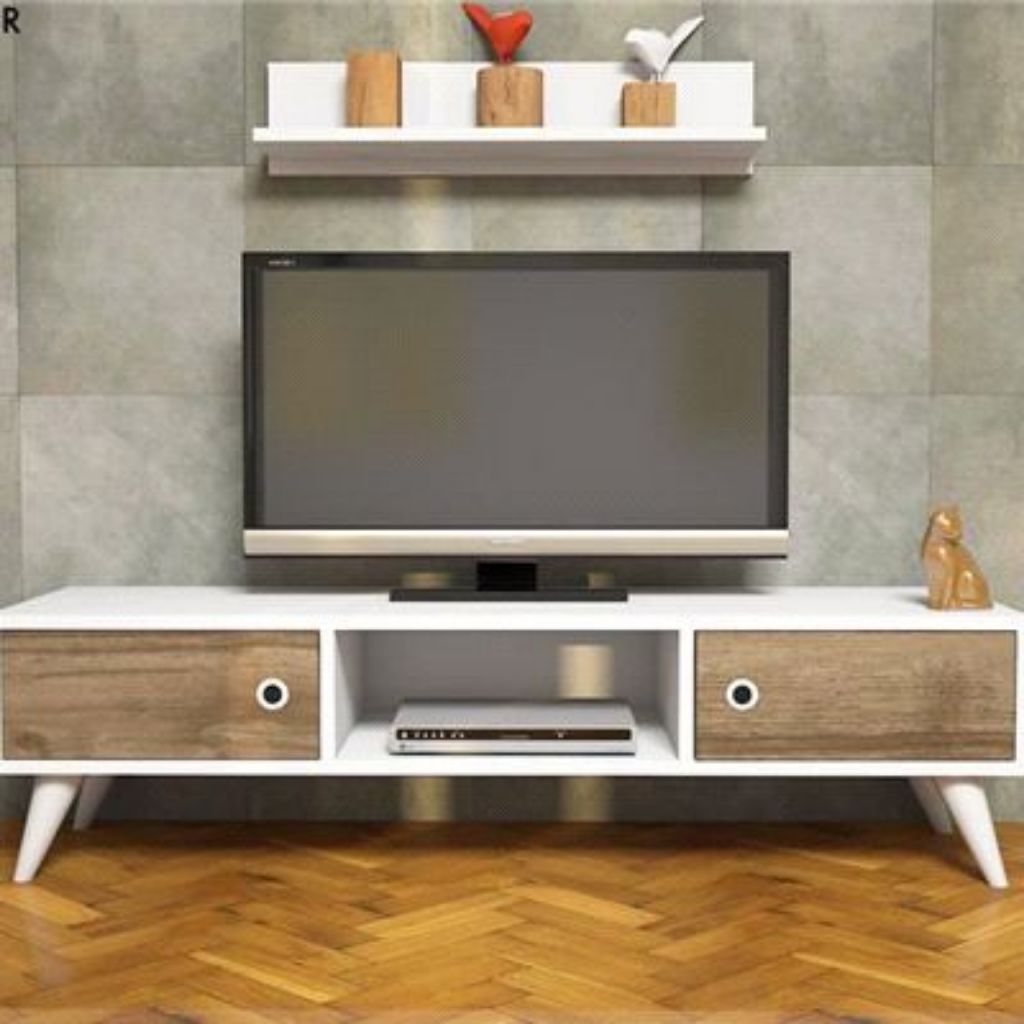 Meja TV Minimalis Scandinavian – Rak TV Modern Warna Putih Kombinasi Kayu Jati