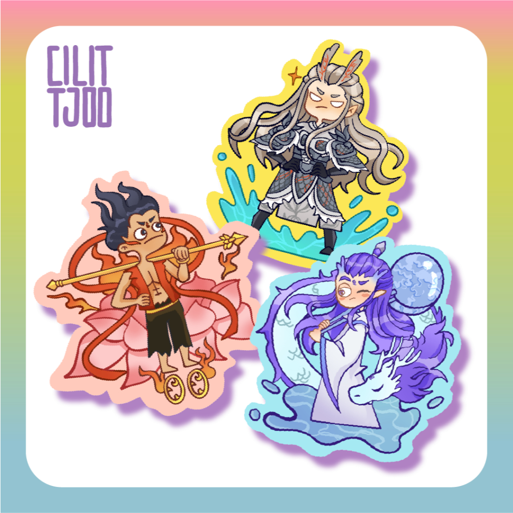 Die Cut Sticker imut Nezha, Ao Bing, dan bapaknya (Ao Guang)