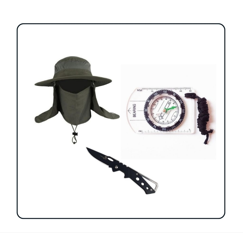 PAKET 3in1 Topi Rimba+Pisau Survival+Kompas Mini Outdoor Hiking Survival