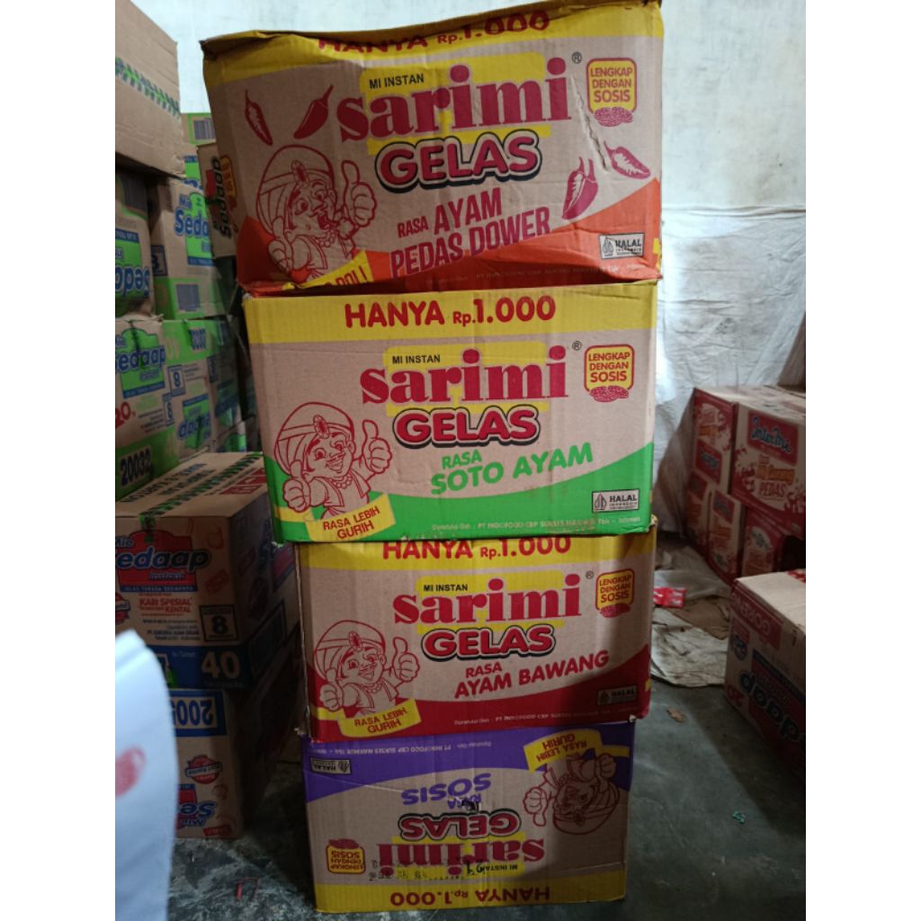 

SARIMI GELAS 30 GRAM 1 DUS ISI 12 RENTENG RASA AYAM BAWANG. AYAM DOWER SOTO DAN SOSIS
