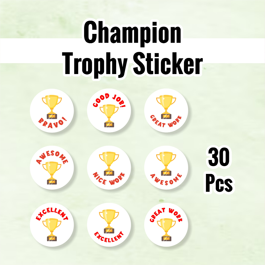 

30 Pcs Trophy Reward Sticker Anak – Stiker Hadiah Penghargaan Murid Bentuk Piala Champion
