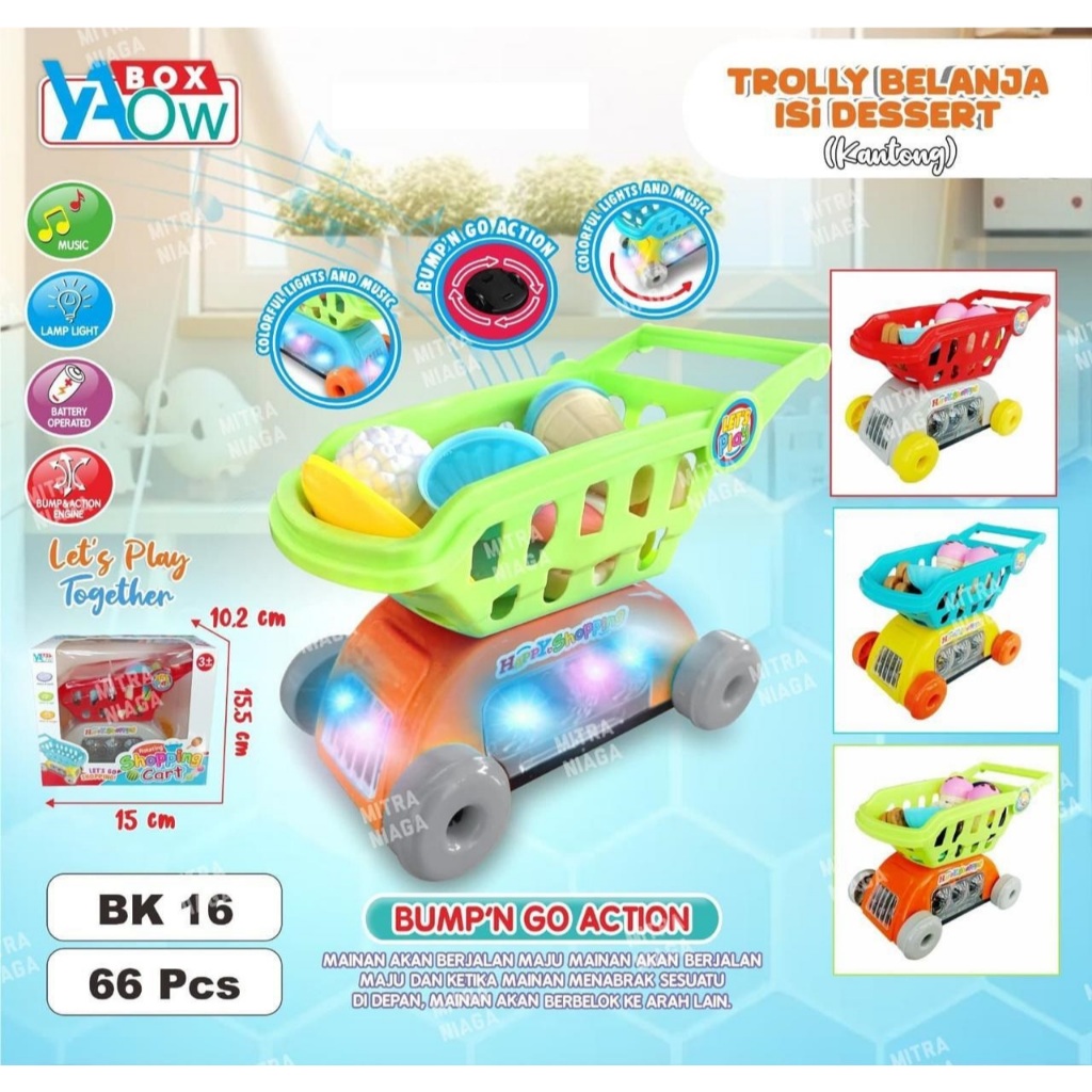 MAINAN ANAK BK16 TROLI BELANJA DESSERT MUSIK, BISA JALAN LAMPU PAKAI BATERAI / BOX TROLLY BELANJA MU