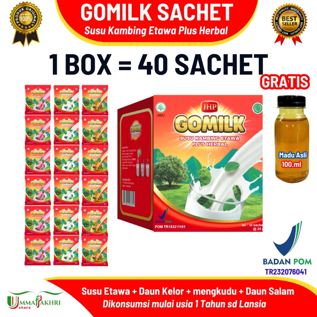 

GOMILK SACHET / 1 BOX netto 1KG isi 40 Sachet / SUSU KAMBING ETAWA PLUS HERBAL