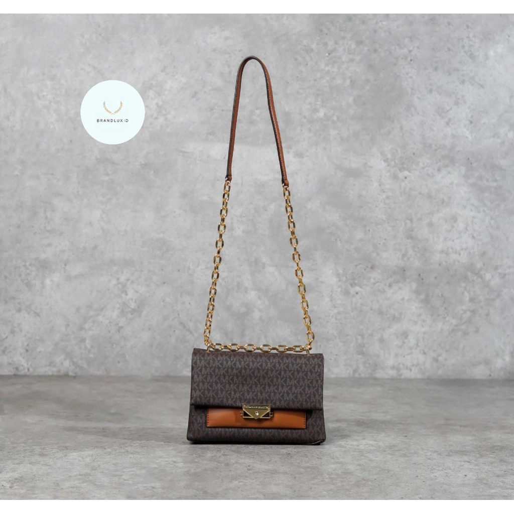 Michael Kors MK Cece Monogram GHW Chain Flap Shoulder Bag in Brown
