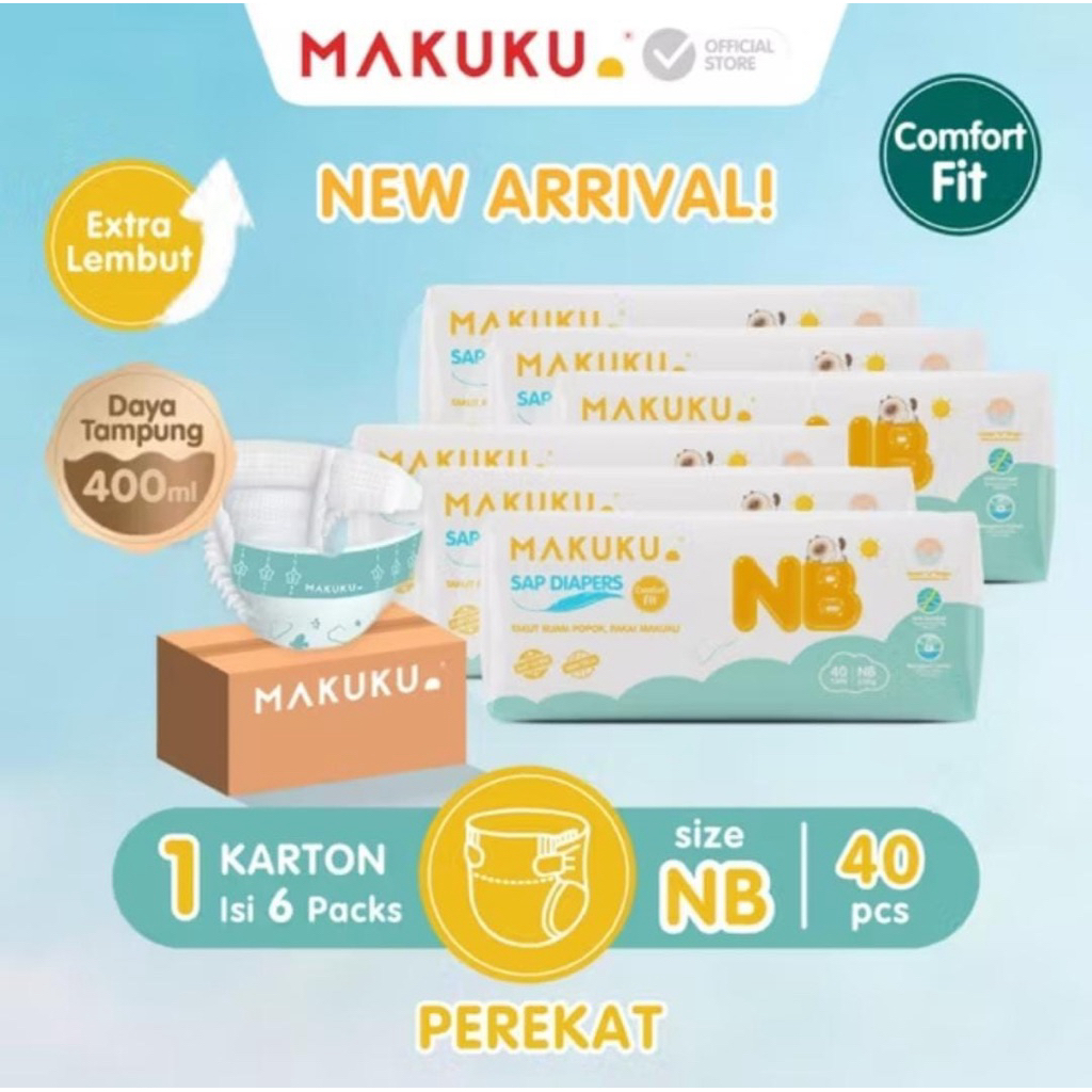 MAKUKU SAP Diapers Comfort Fit Tape NB40 Popok Bayi Anti Gumpal Extra Dry