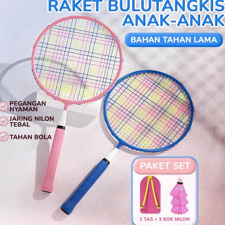 BBAK SET 2 PCS Mainan Raket Bulutangkis Anak Kecil Ringan Mudah Dibawa Handgrip Spons XTRA Tas Raket