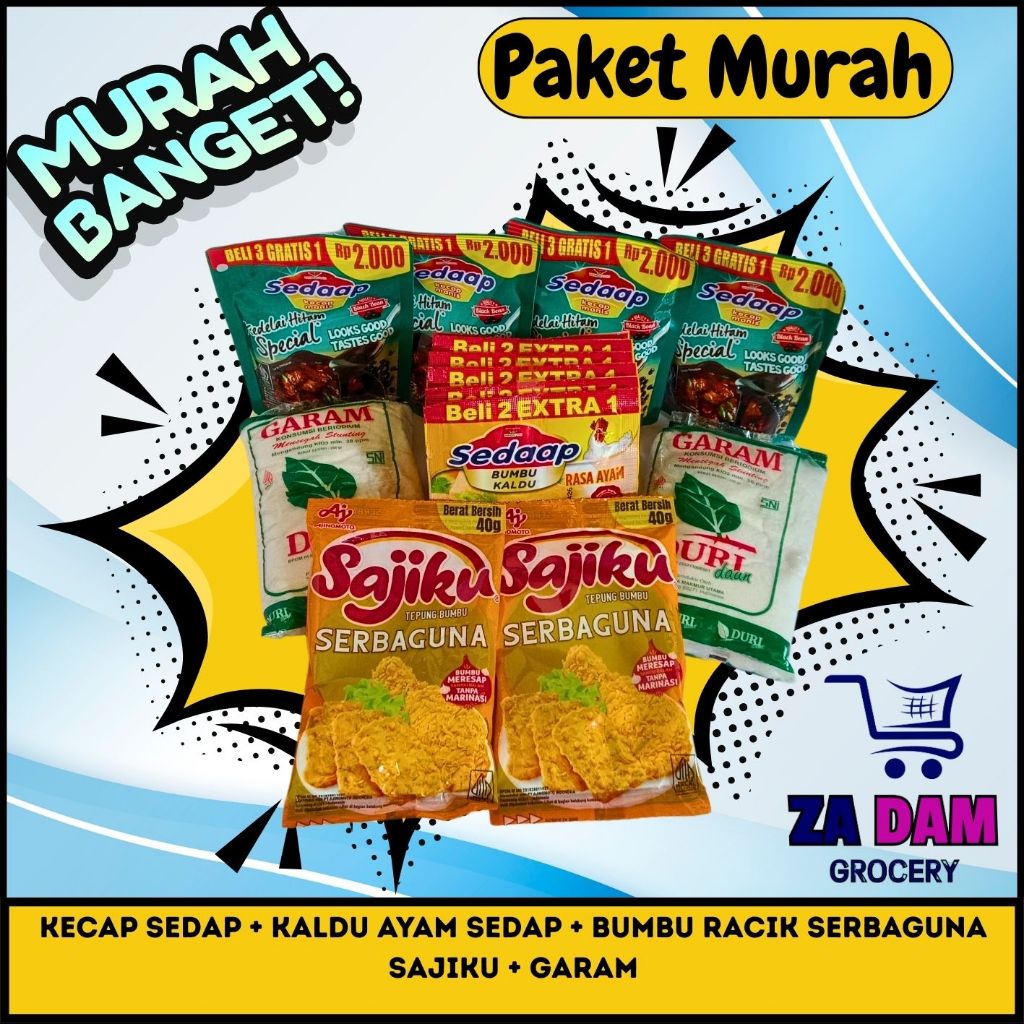 

PAKET SUPER HEMAT!!! 2 Bks Garam + 2 Bks Sajiku Tepung Bumbu + 4 Bgks Kecap Sedap 77g + 12 Bks Sedap Kaldu