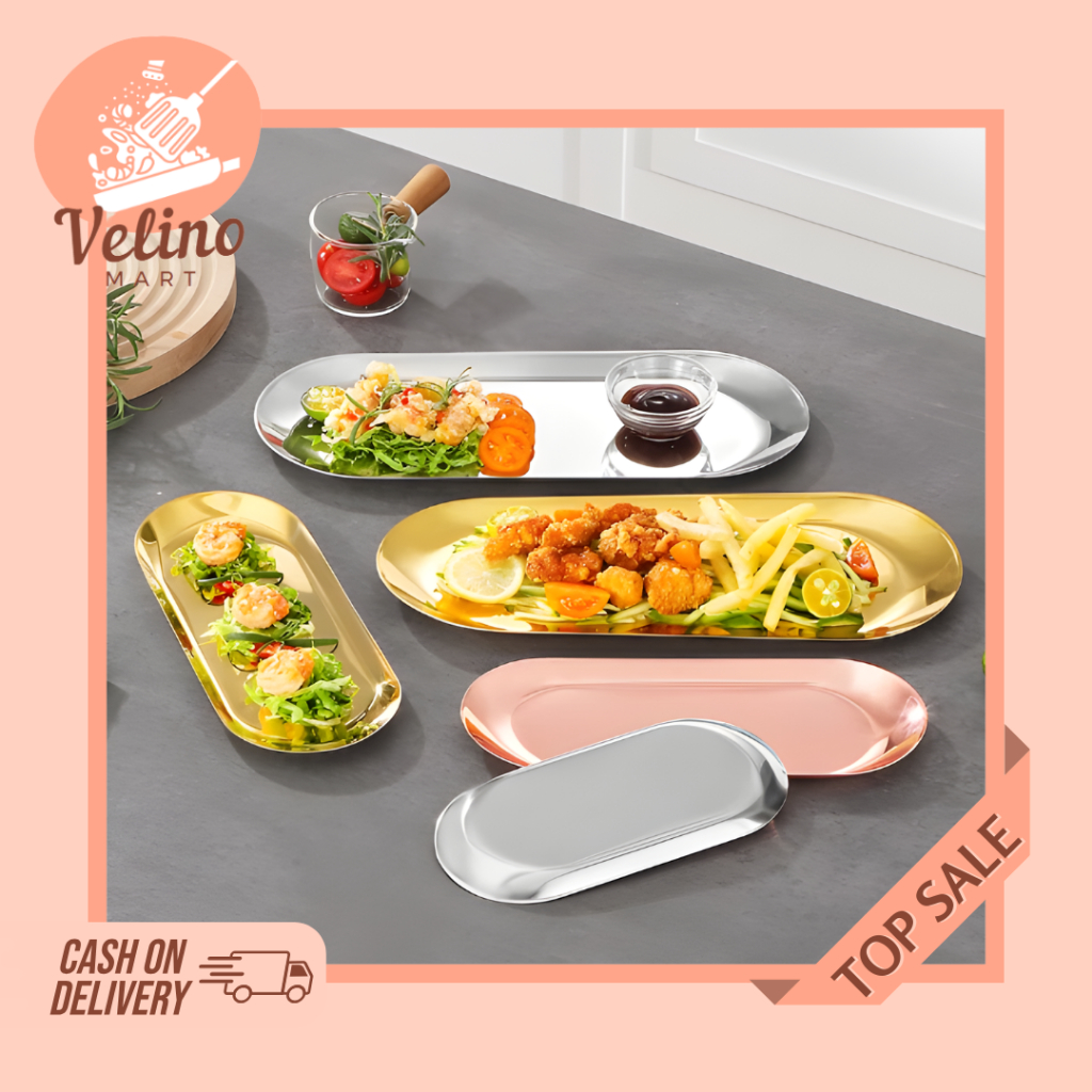 Piring Makan Oval Gold Stainless Sus 304 / Gold Plate Oval / Nampan Piring Oval Emas Perak Aesthetic