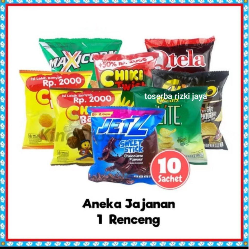 

Jajanan Snack Rentengan chiki/twist/qtela/chitato/jetz/maxicorn 1 renteng isi 10 pak