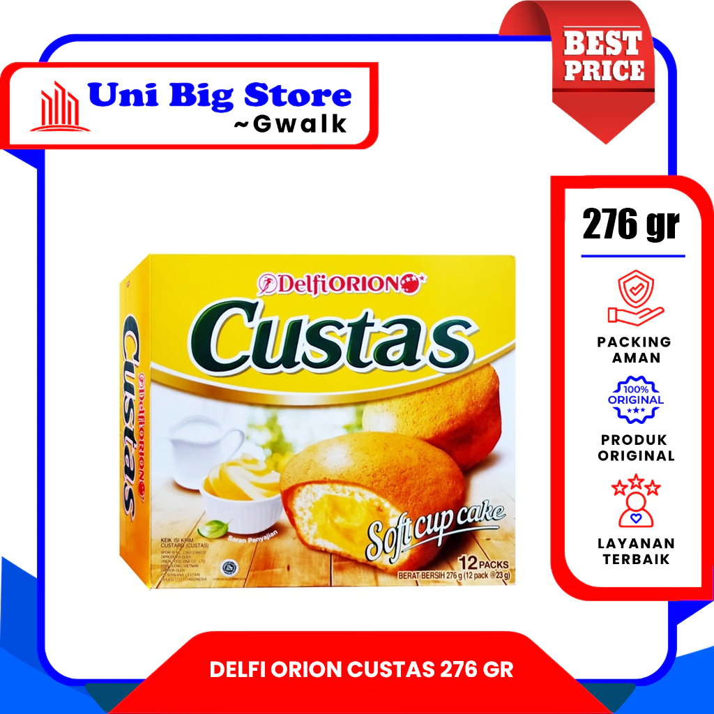 

DELFI ORION CUSTAS PIE SOFT CUP CAKE KUE CUSTARD BOX - 276 gr (12 pcs x 23 gr)