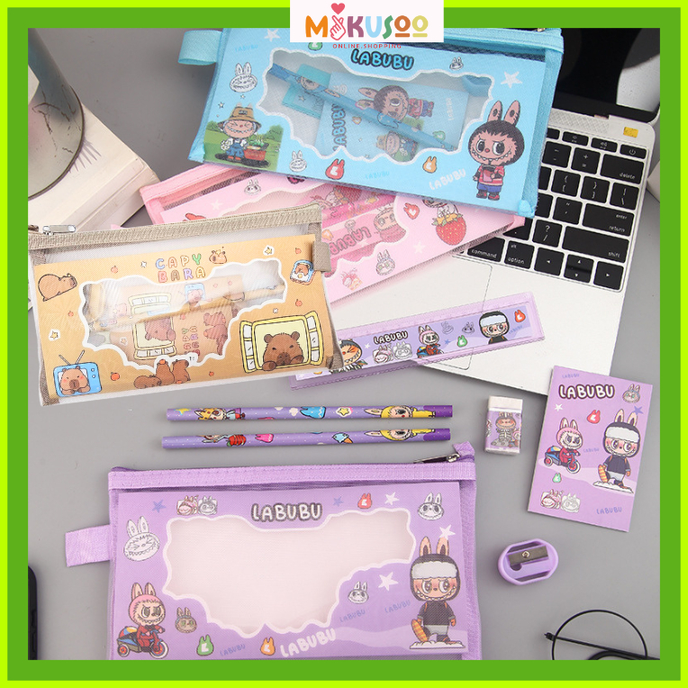 

Mikusoo Pouch Alat Tulis Set 7 In 1 Karakter Labubu Capybara Stationary Lucu