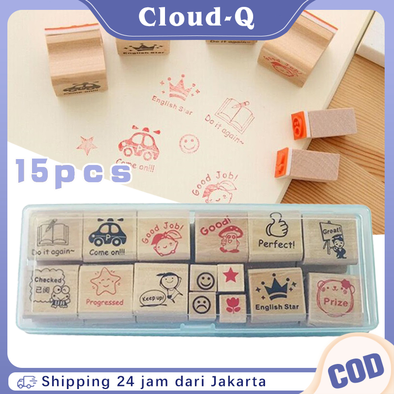 

15 Pcs Stempel Anak Stempel Reward Bahasa Penilaian Guru Stempel Kayu